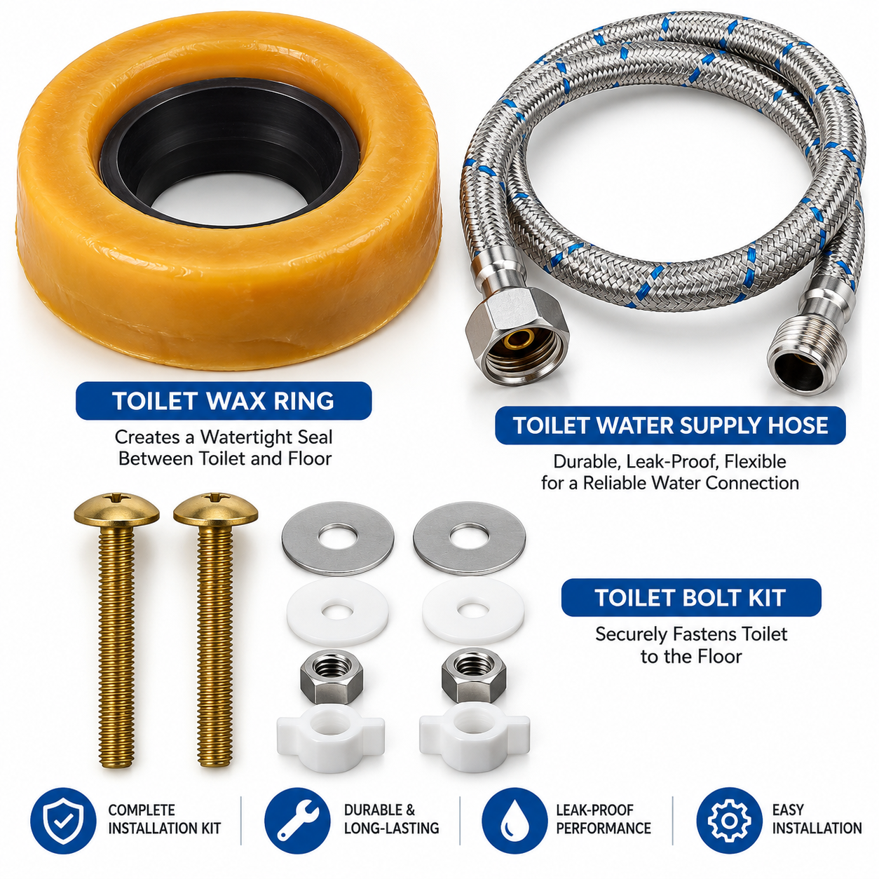 Universal Toilet Installation Kit Required for installation (Wax,Bolts,Hose)