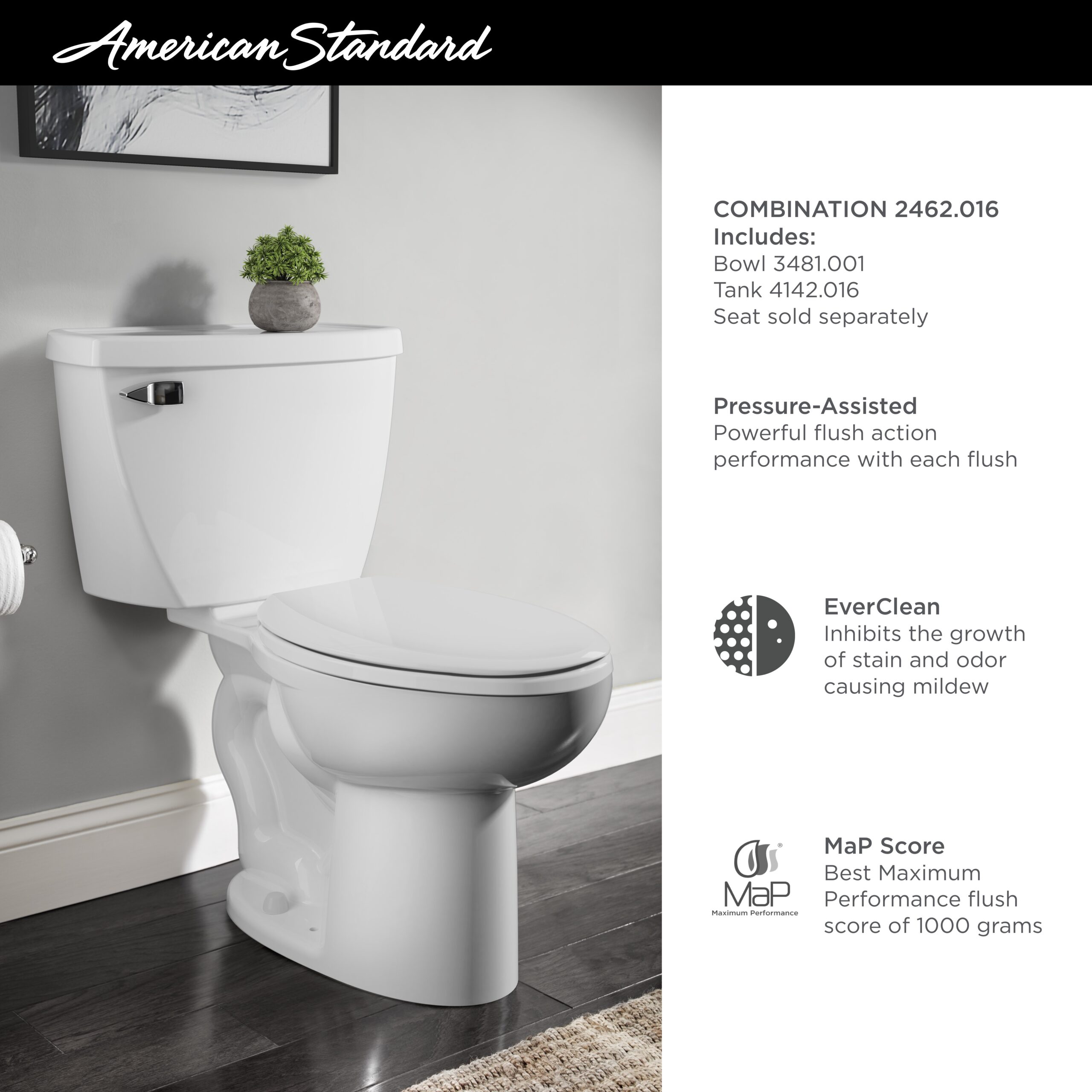 American Standard Cadet® Two-Piece Pressure Assist 1.6 gpf/6.0 Lpf Elongated EverClean® Toilet - Image 2