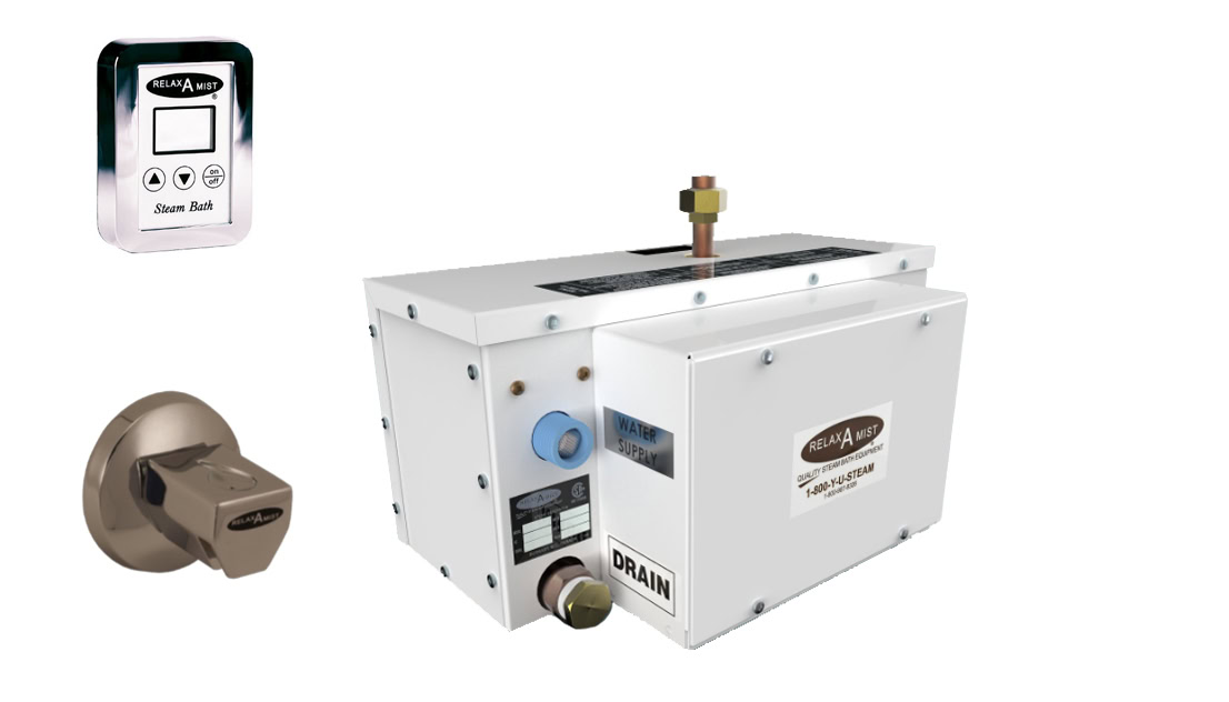 RELAX-A-MIST STEAM GENERATOR JR2 / 4.5KW 240V QUICK TOUCH TIMER AND STEAM NOZZLE AND ESCUTCHEON - Image 1