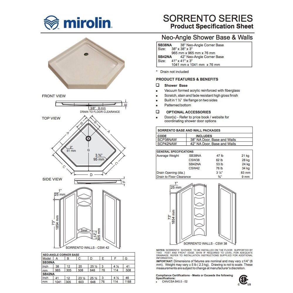 Mirolin 38″ NEO Angle Door Shower Base White - Image 2