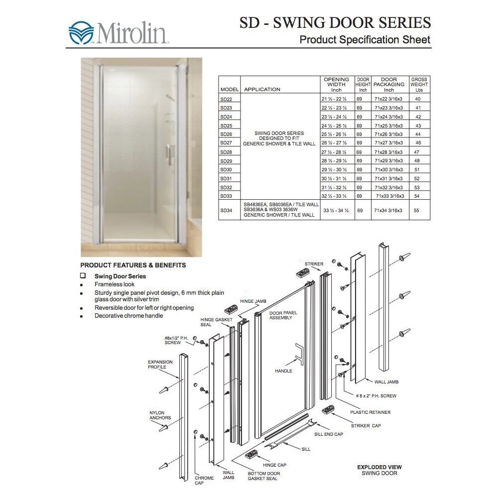 Mirolin Swing Shower Door Series30 ½” X 31 ½” Height 69″ - Image 2