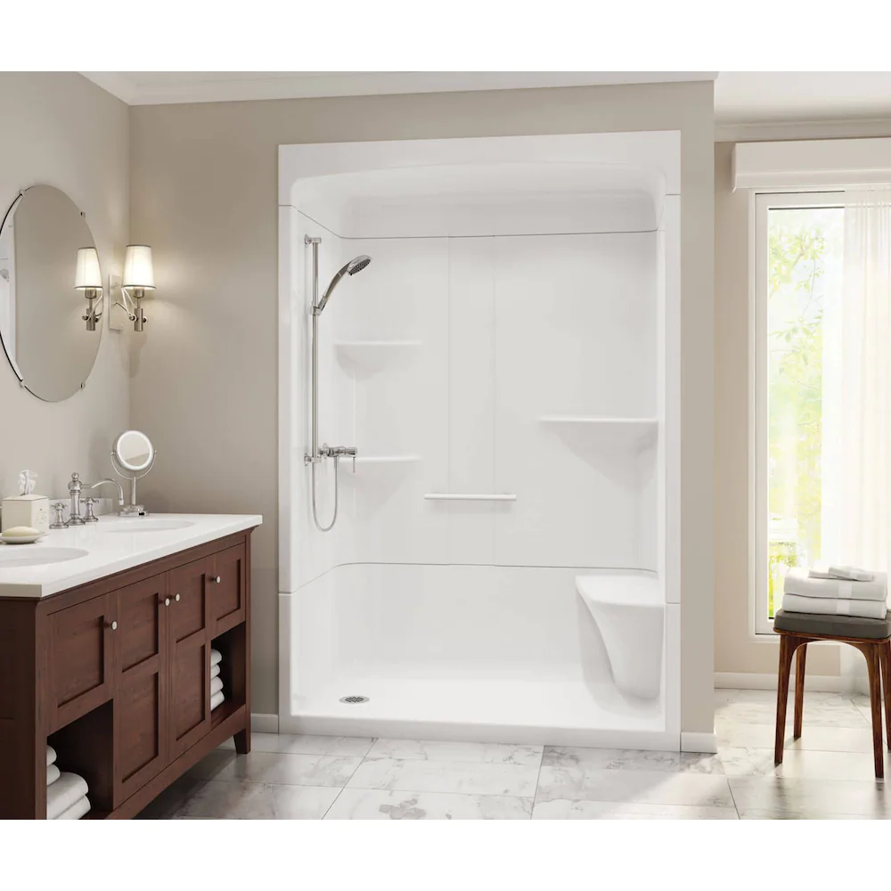 MAAX Camelia 60L x 34W x 88H Rectangular Alcove Shower Stall, Left-Drain with Right Seat in White, 3-Piece - Image 1