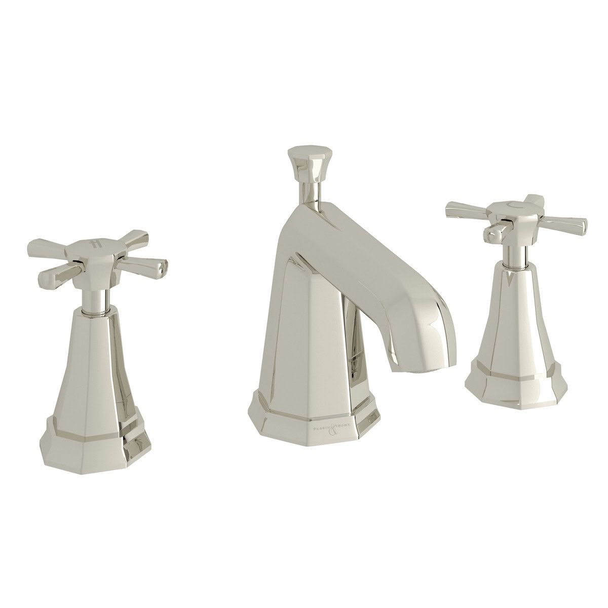 PERRIN & ROWE Deco High Neck Widespread Bathroom Faucet With Cross Handle - Polished Nickel