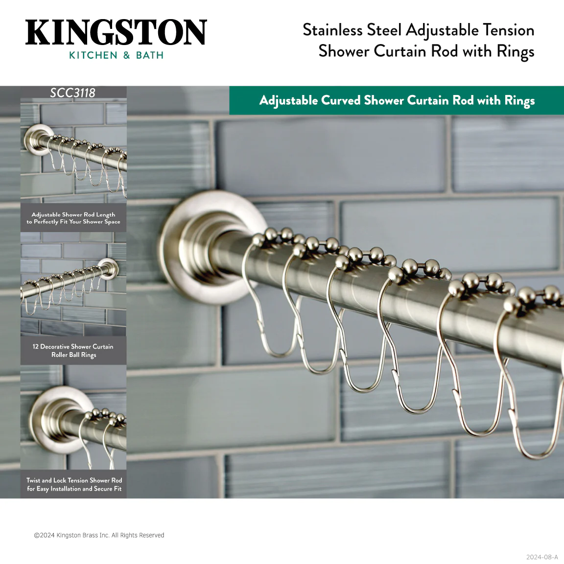 KINGSTON BRASS Edenscape SCC3117 60-Inch to 72-Inch Adjustable Shower Curtain Rod with Rings - Image 3