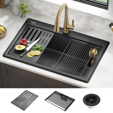 Delta Everest 33 Granite Workstation Kitchen Sink Drop-In Top Mount Single Bowl in Metallic Black - Image 1